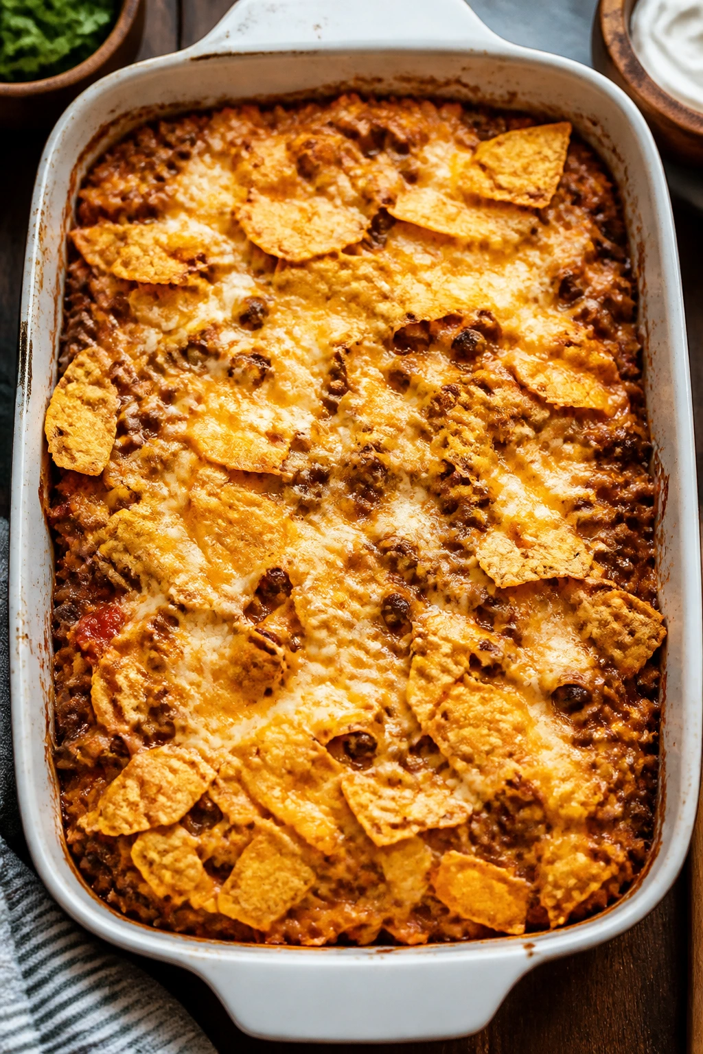 Baked taco casserole in a baking dish with melted cheese and chips