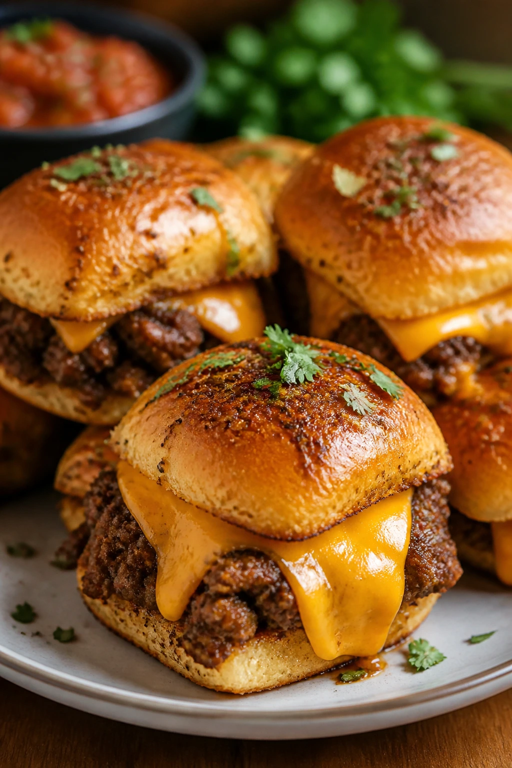 Close-up of Taco Cheeseburger Sliders with cheddar and taco seasoning