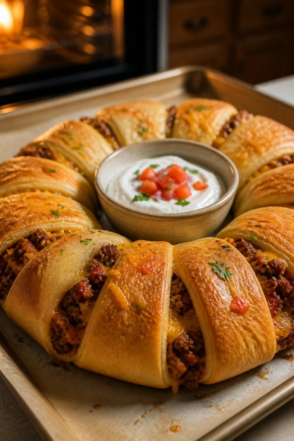 Golden taco crescent ring with filling and a center dip bowl on parchment on a sheet pan
