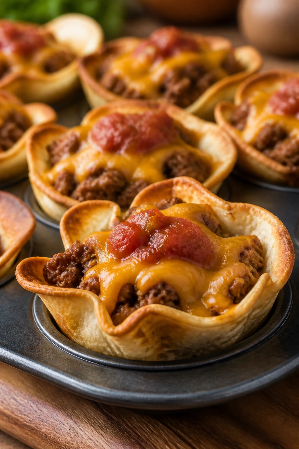 Close-up of taco cups in a muffin tin with melted cheese on top in a cozy kitchen