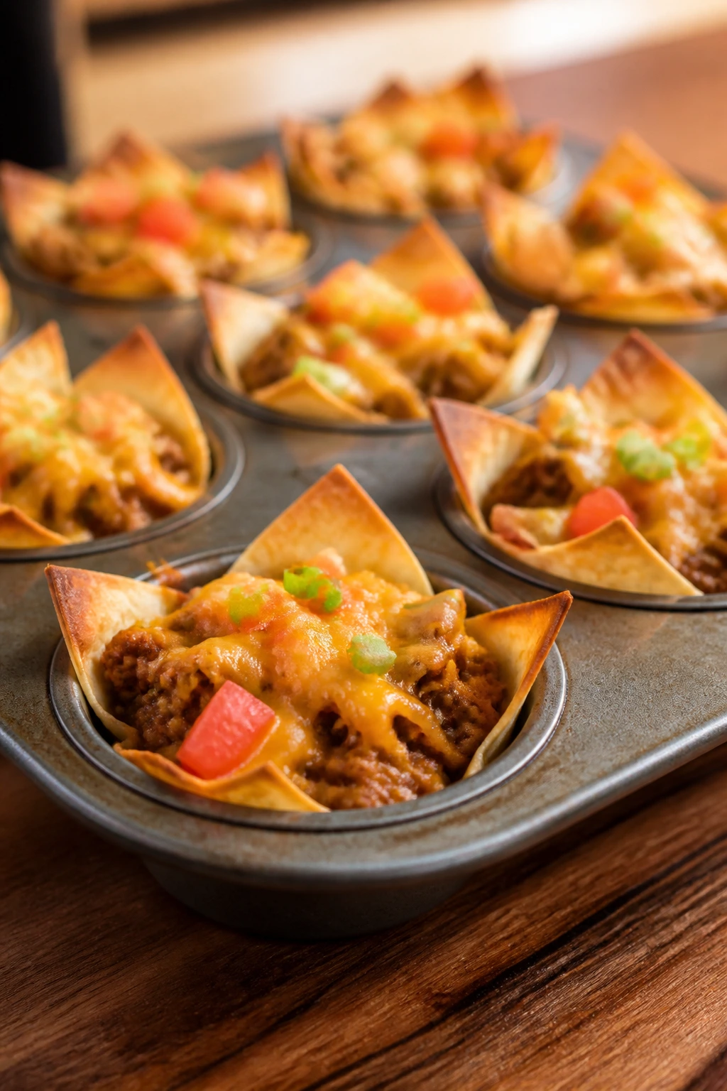 Close-up of taco cups in muffin tin on a kitchen counter with warm light.