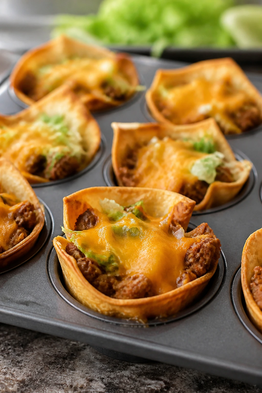 Taco cups baked in a muffin tin with visible beef and cheddar