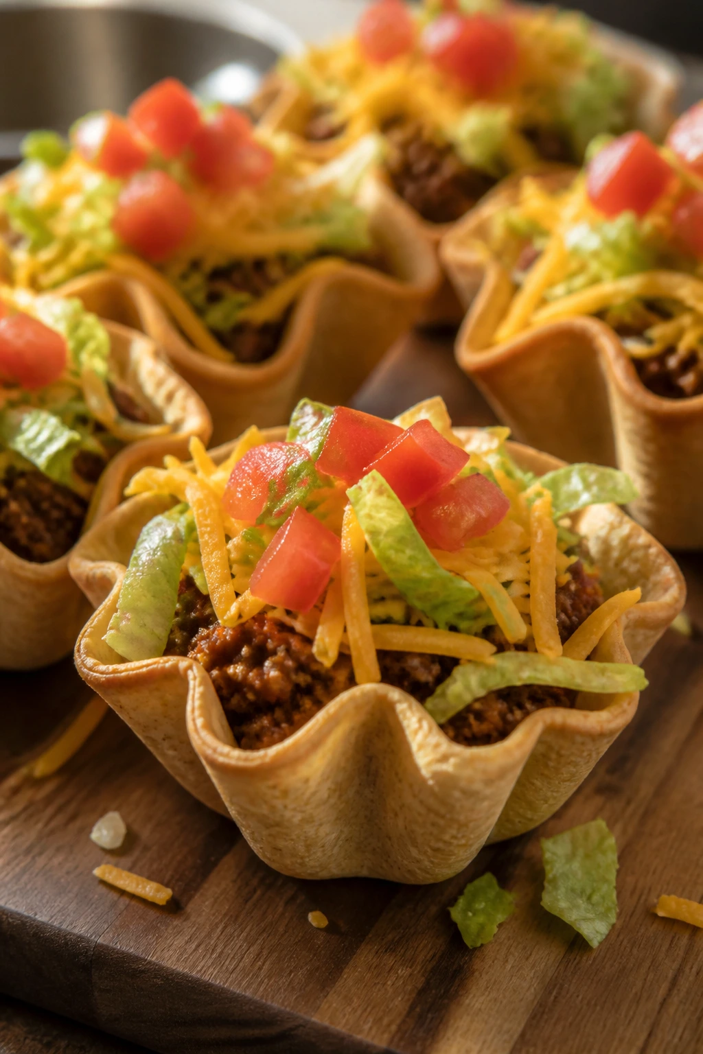 Close-up of walking taco cups with beef and toppings on a wooden table