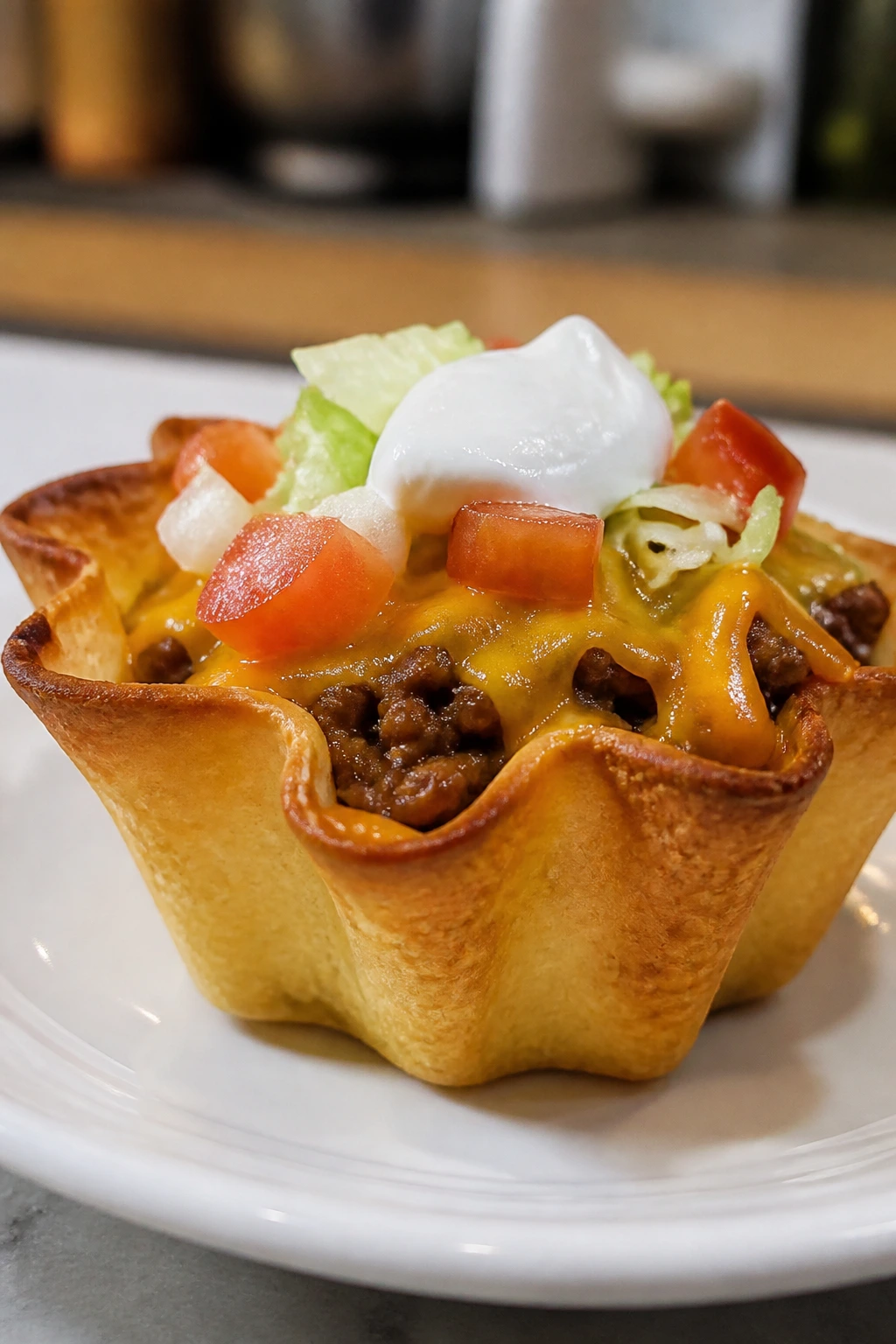 Close-up of a crispy taco cup with beef filling on a plate