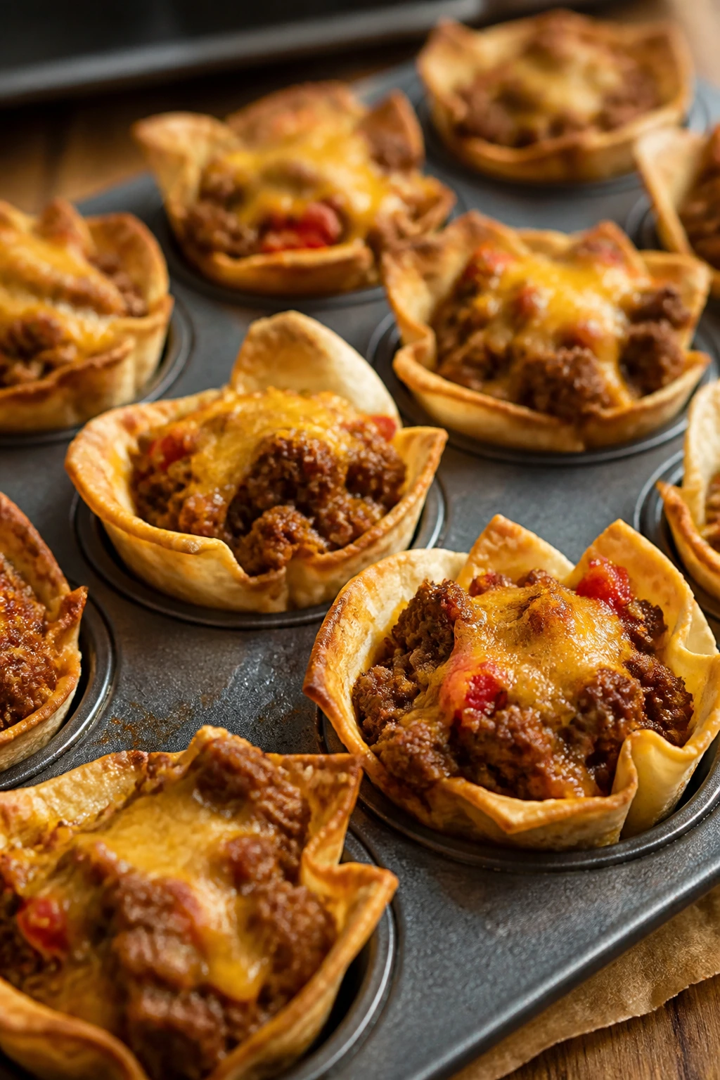 Close-up of mini taco cups in a muffin tin