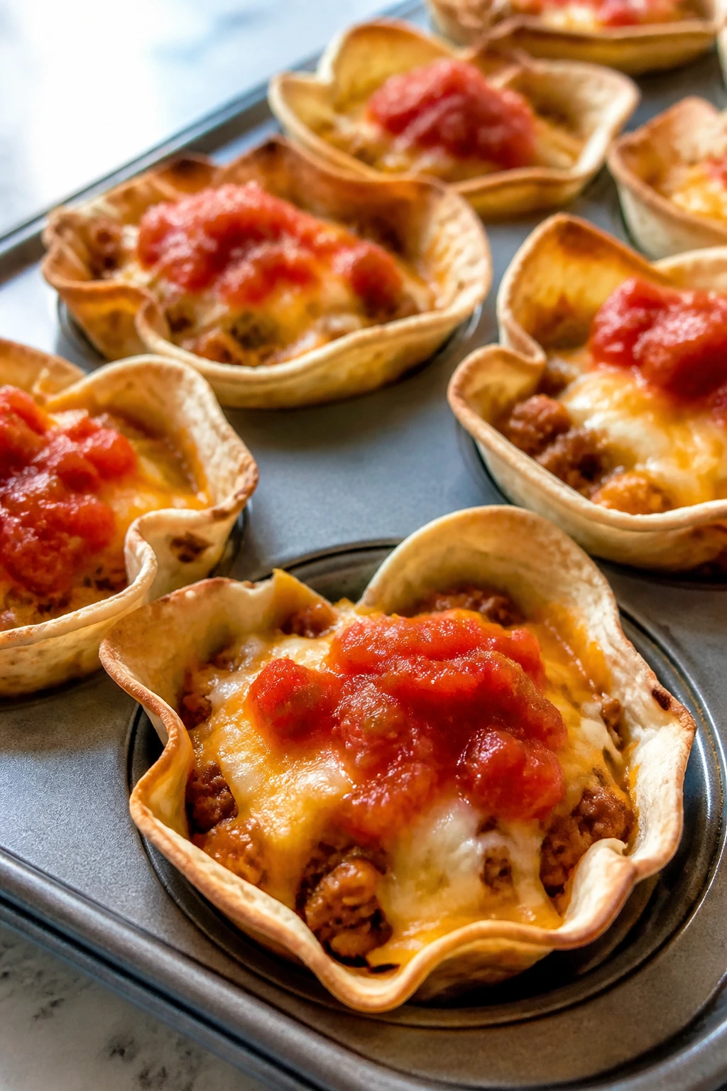 Crisp tortilla taco cups filled with meat and cheese.