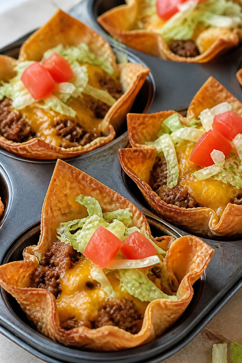 Close-up of crisp taco cups in muffin tin with beef and cheese