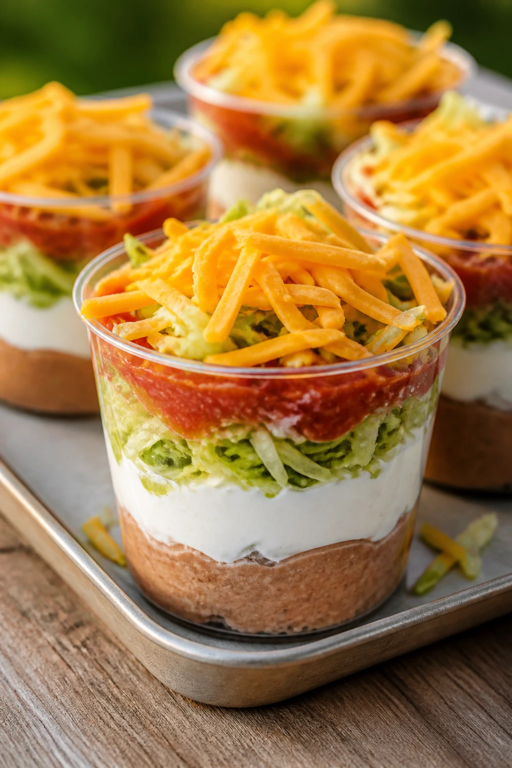 Multiple taco dip cups showing layered fillings