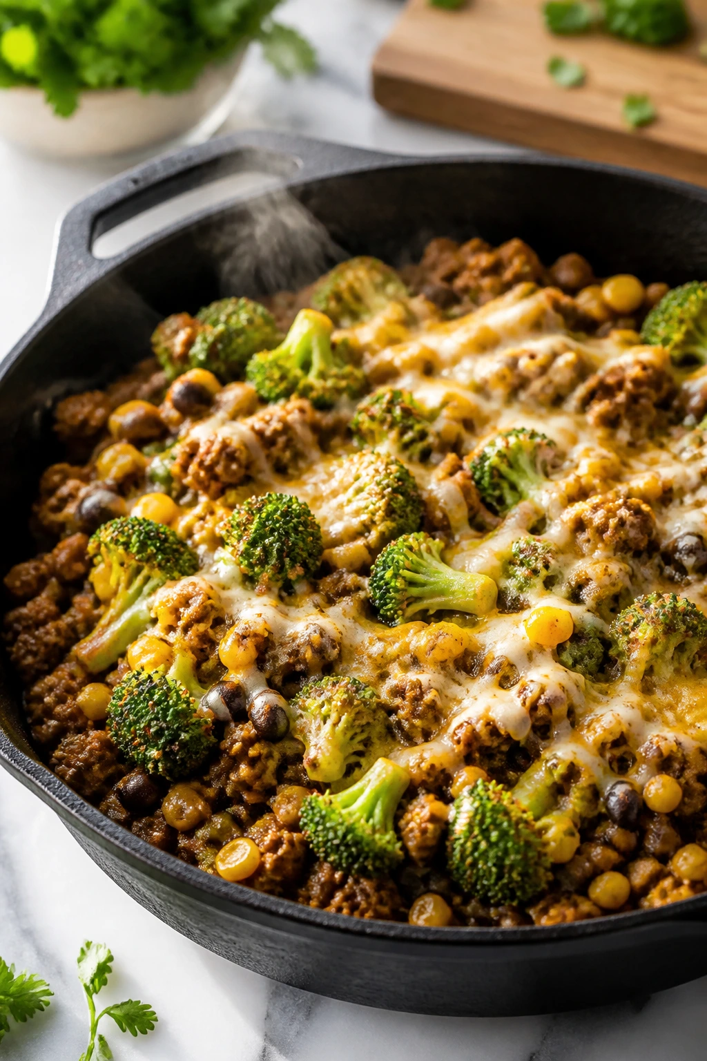 Sizzling skillet with taco-seasoned hamburger and broccoli topped with melted cheese
