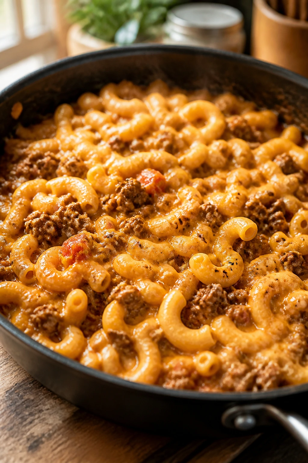 Close-up of taco macaroni and cheese in a skillet with beef and cheddar in a warm kitchen setting
