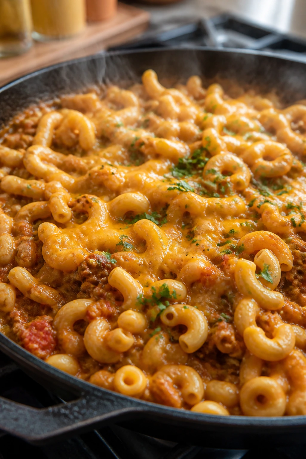 Close-up of taco mac in a cast-iron skillet with melted cheese in a warm kitchen setting