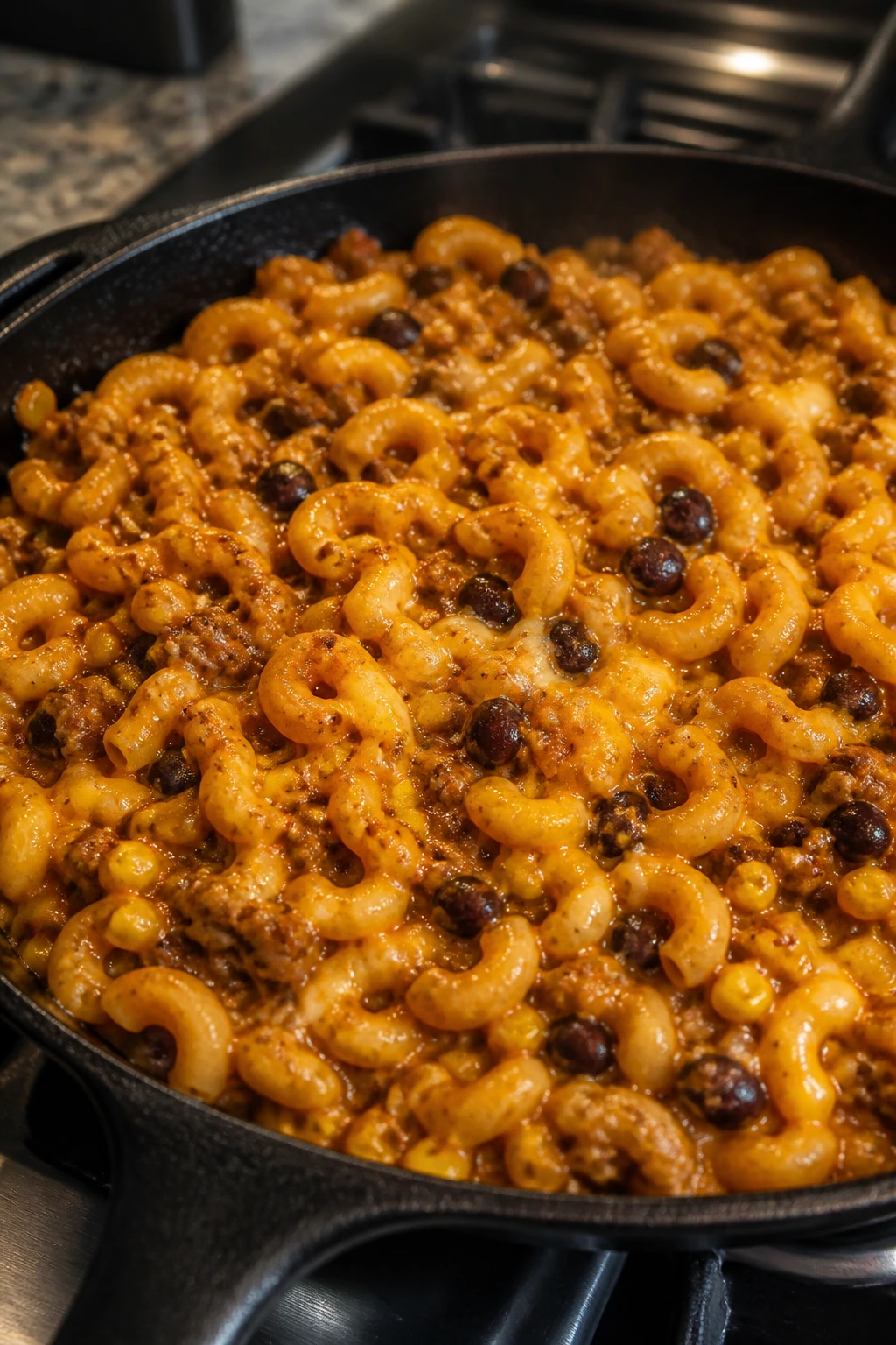 Skillet of taco mac with cheese and beans ready to serve