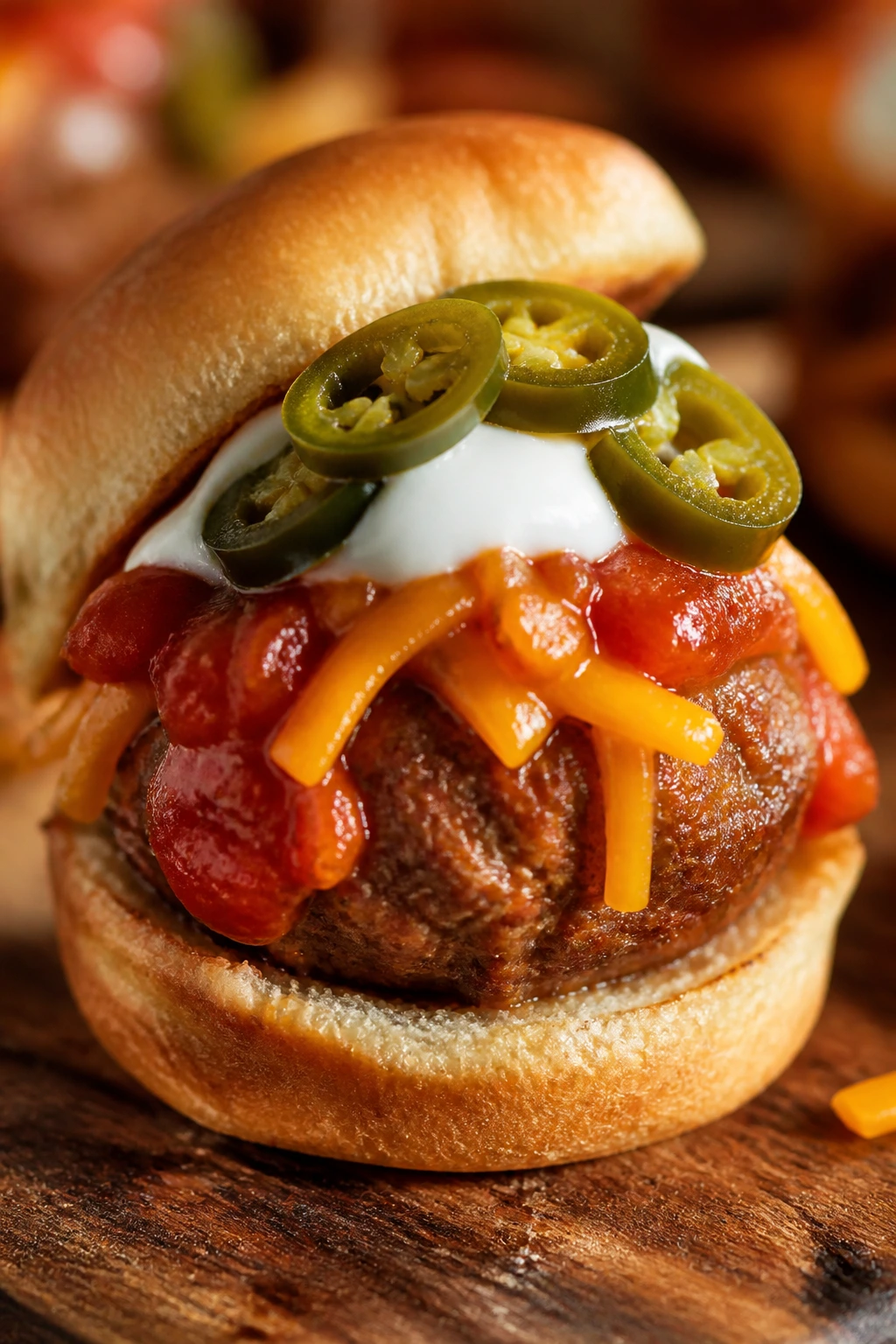 Taco-seasoned meatball slider with salsa and sour cream