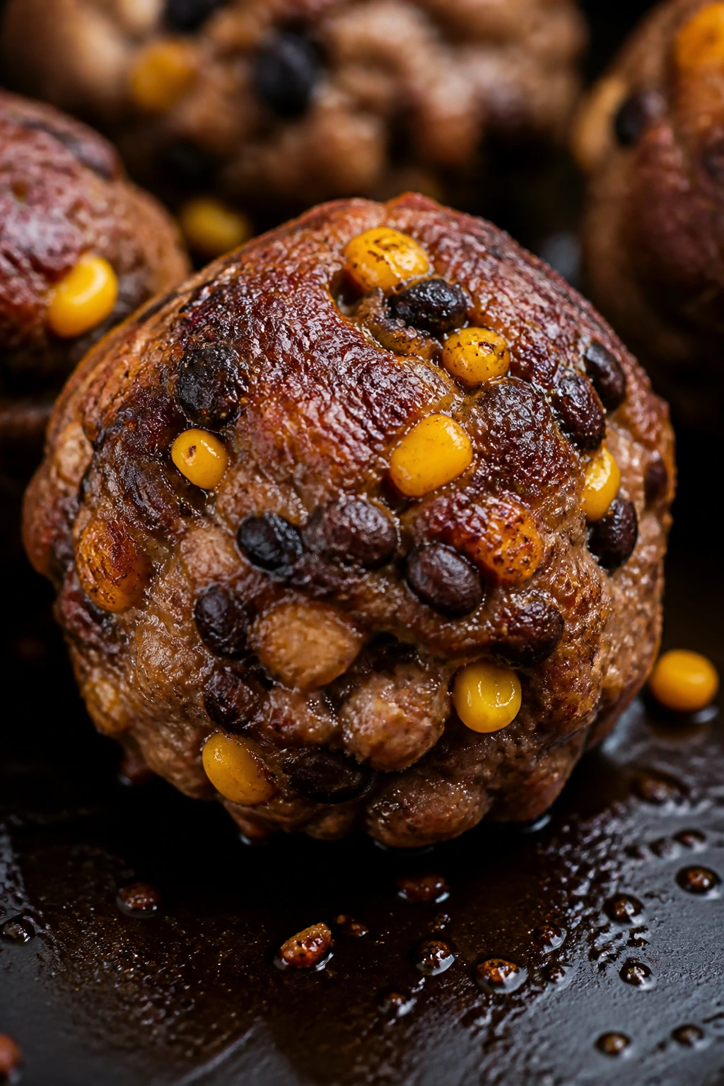Taco meatball with corn and black beans in a skillet.
