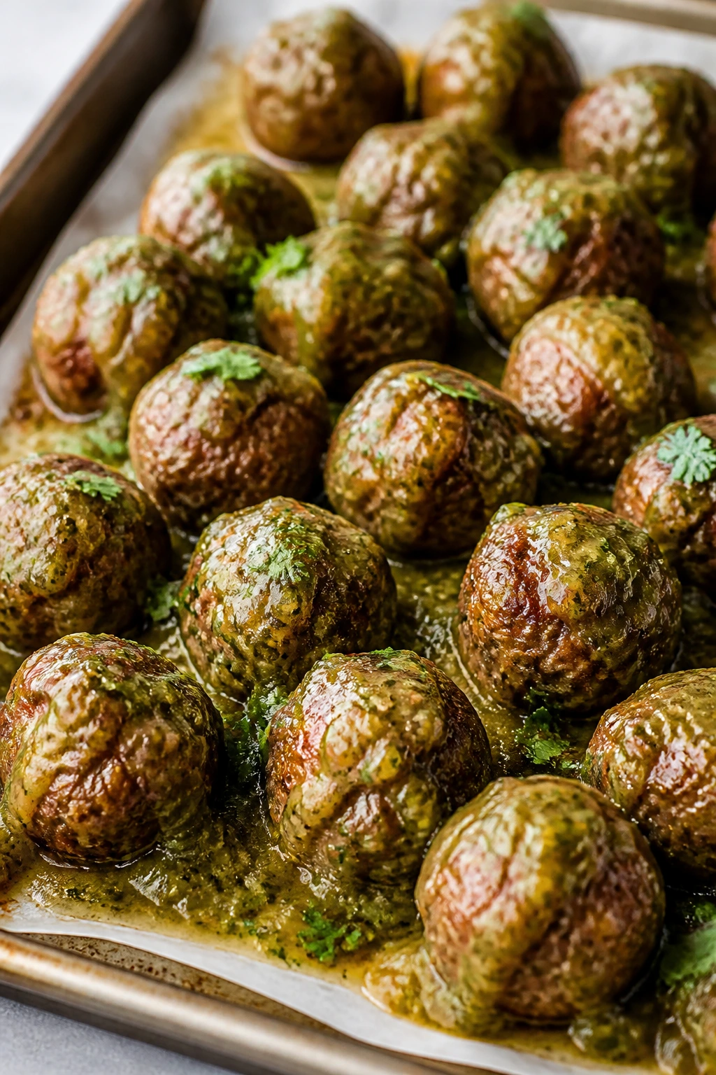 Close-up of taco-spiced meatballs with salsa verde on parchment