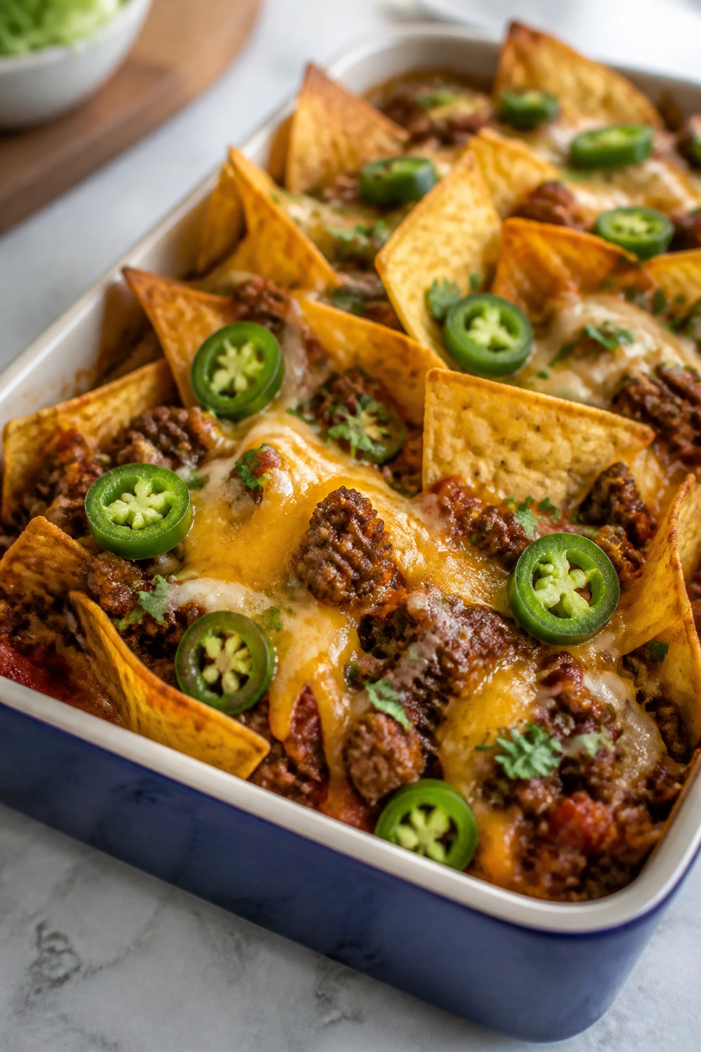 Taco nacho bake in a pan with cheese and jalapeños