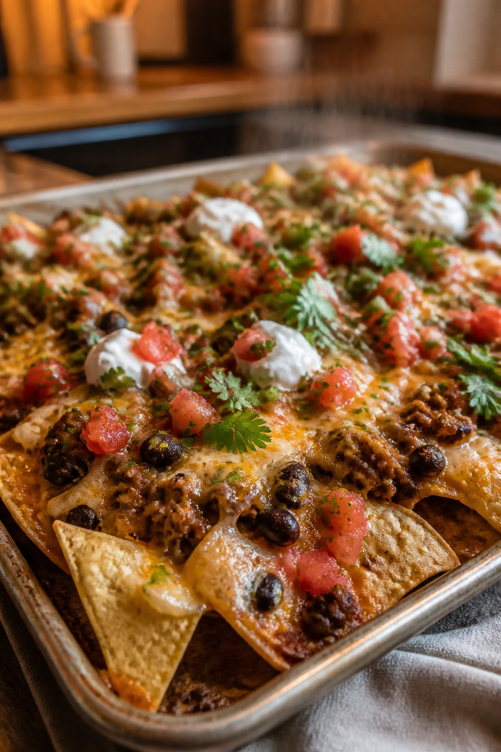 Loaded tray of taco nachos with cheese and toppings
