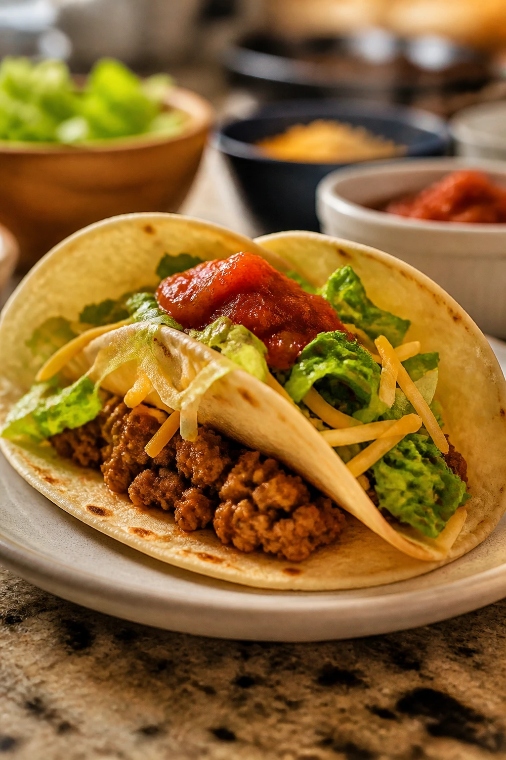 Close-up of an assembled taco with fillings and toppings on a plate