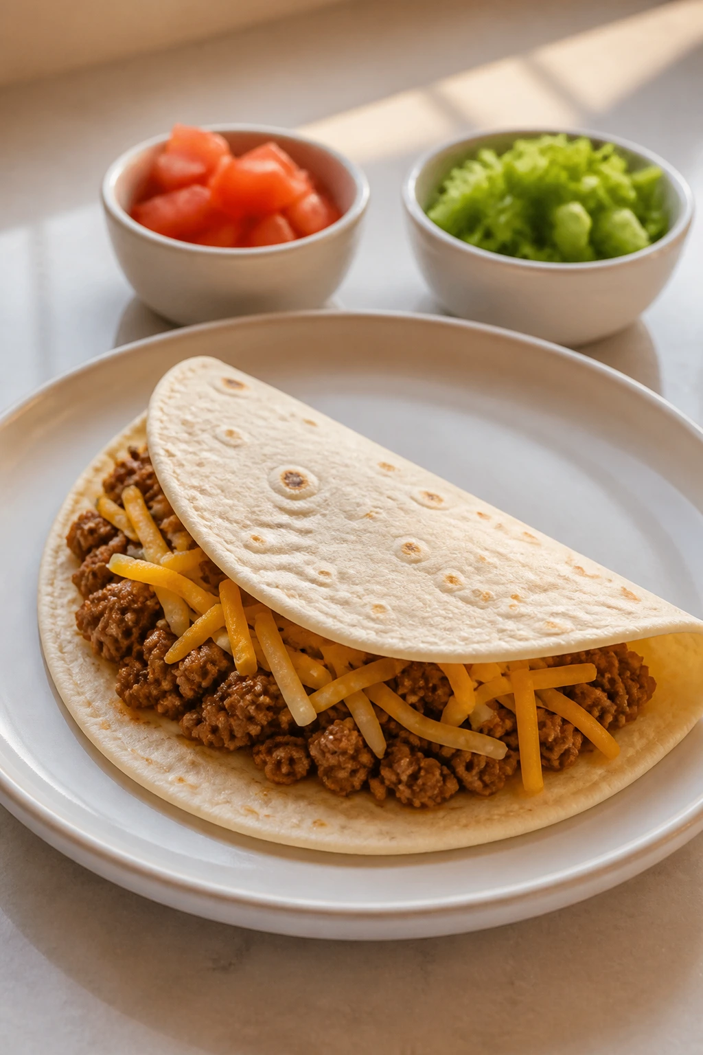 Soft tortilla with mild taco fillings and small topping bowls