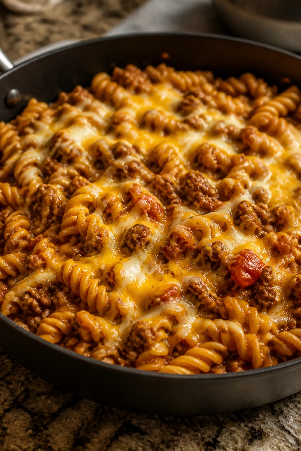 Skillet taco pasta with beef, pasta, salsa and melted cheese