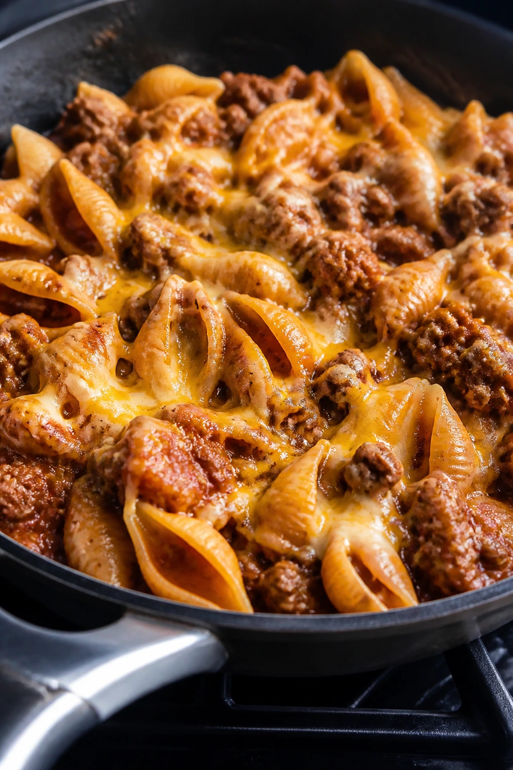 Skillet of ground beef taco pasta with melted cheese in a home kitchen