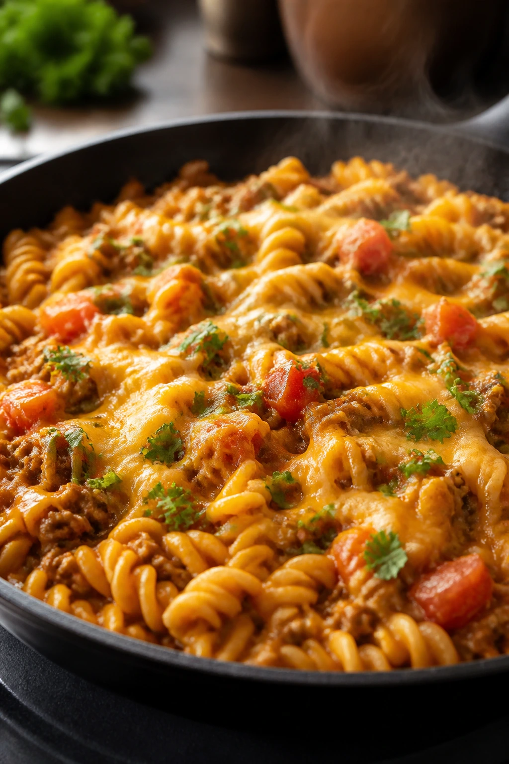 Close-up of cheesy beef taco pasta in a skillet with steam.