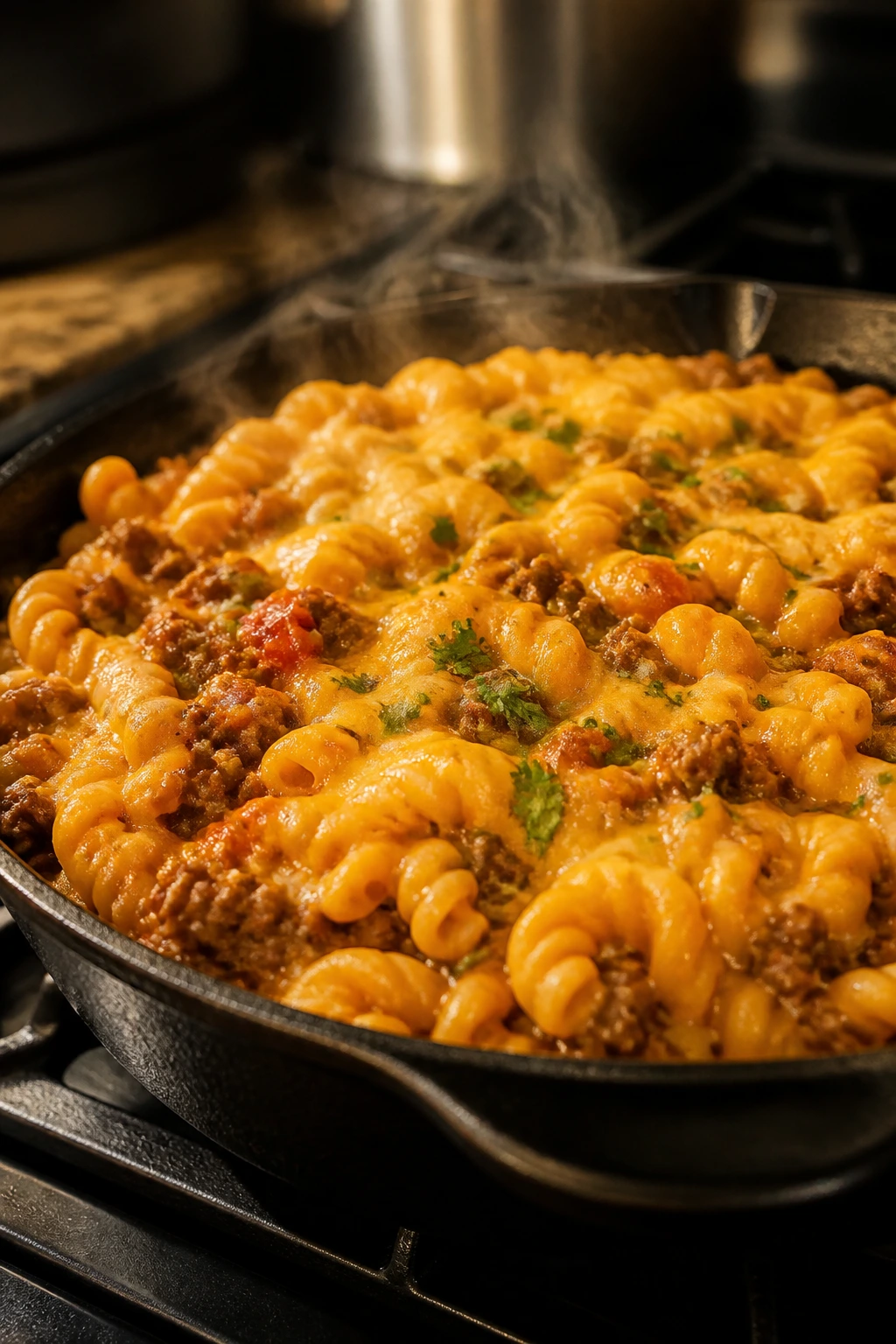Close-up of cheesy taco pasta in a skillet