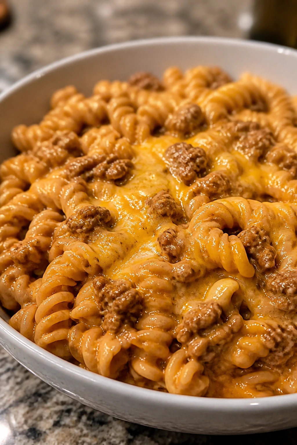 Close-up of cheesy taco pasta in a bowl on a kitchen counter
