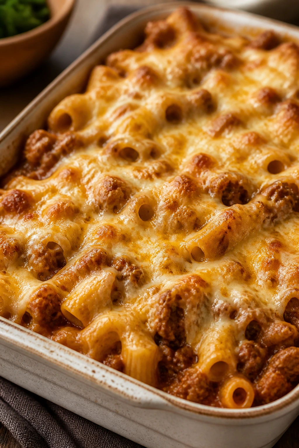 Close-up of bubbling Cheesy Baked Taco Pasta in a baking dish.