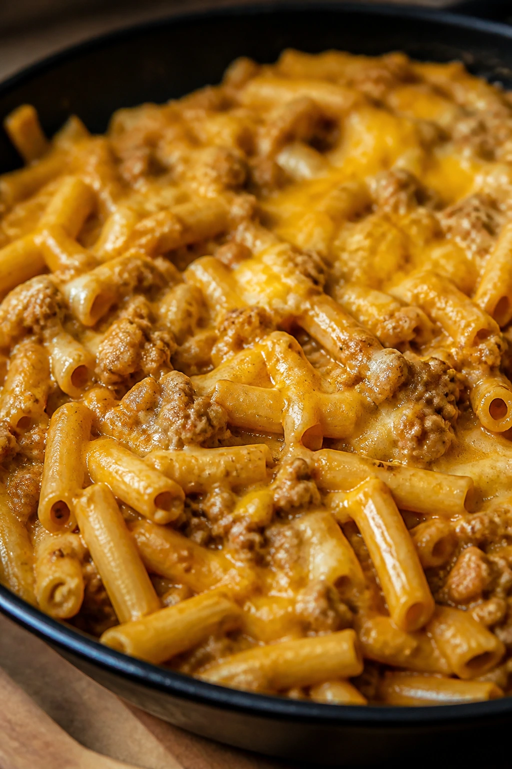 Creamy cheesy taco pasta with melted cheddar.