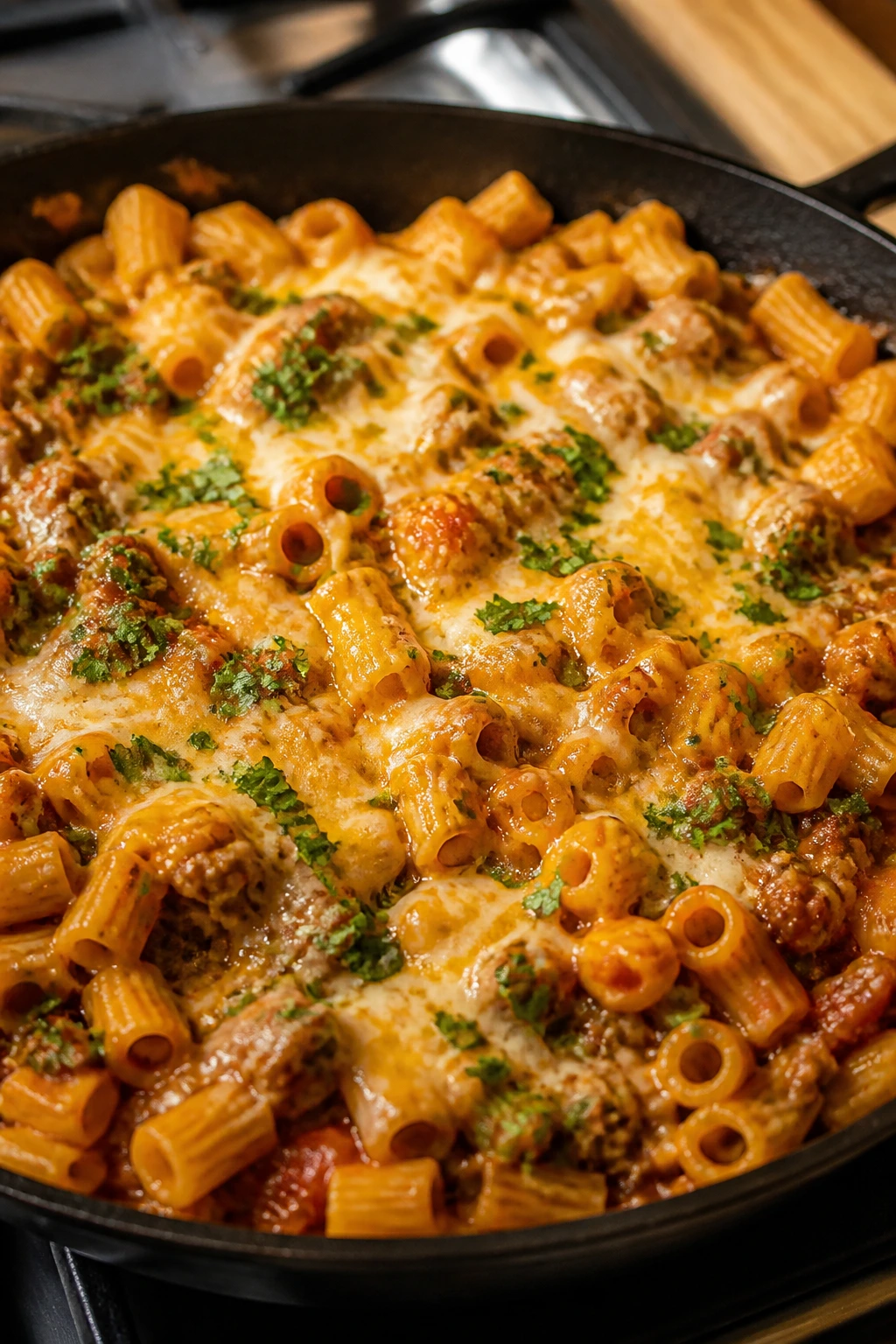 Close-up of one-pan taco pasta filling the frame