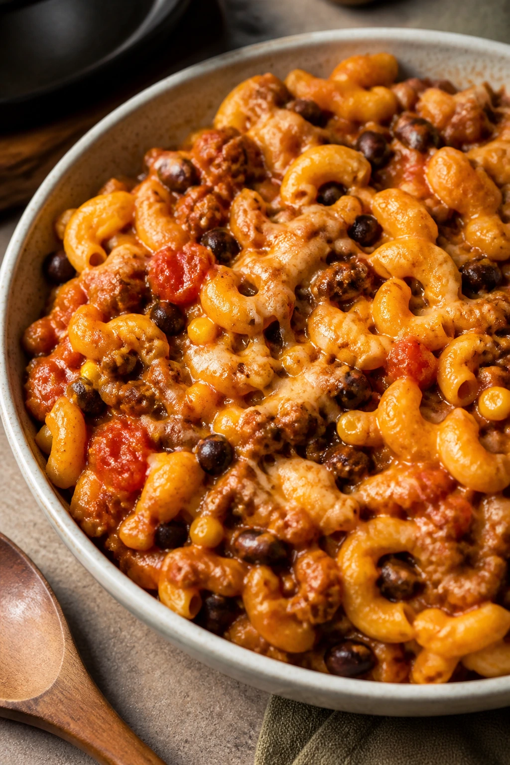 Taco pasta in a bowl with beef and beans