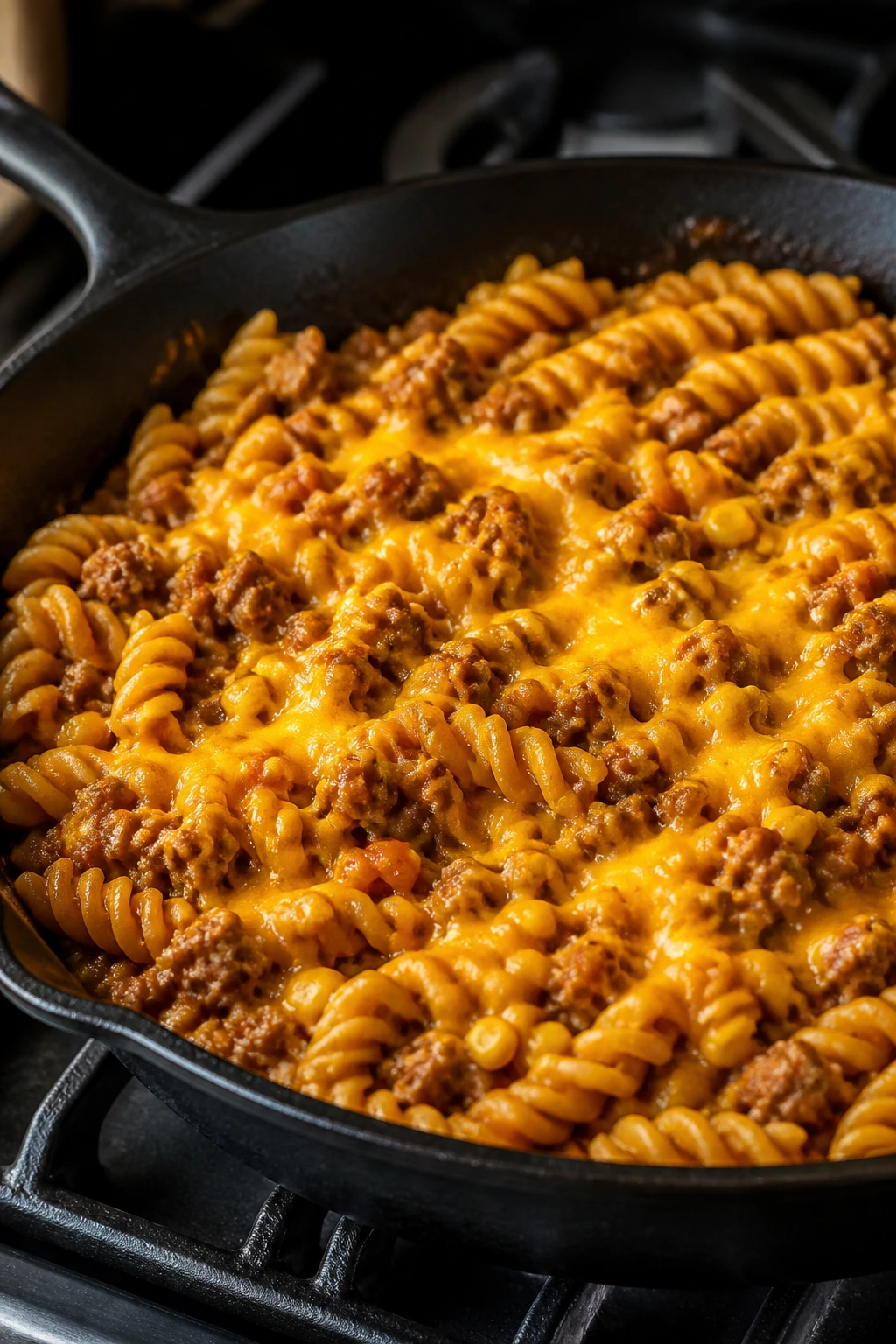 Close-up of taco pasta skillet with cheese and corn