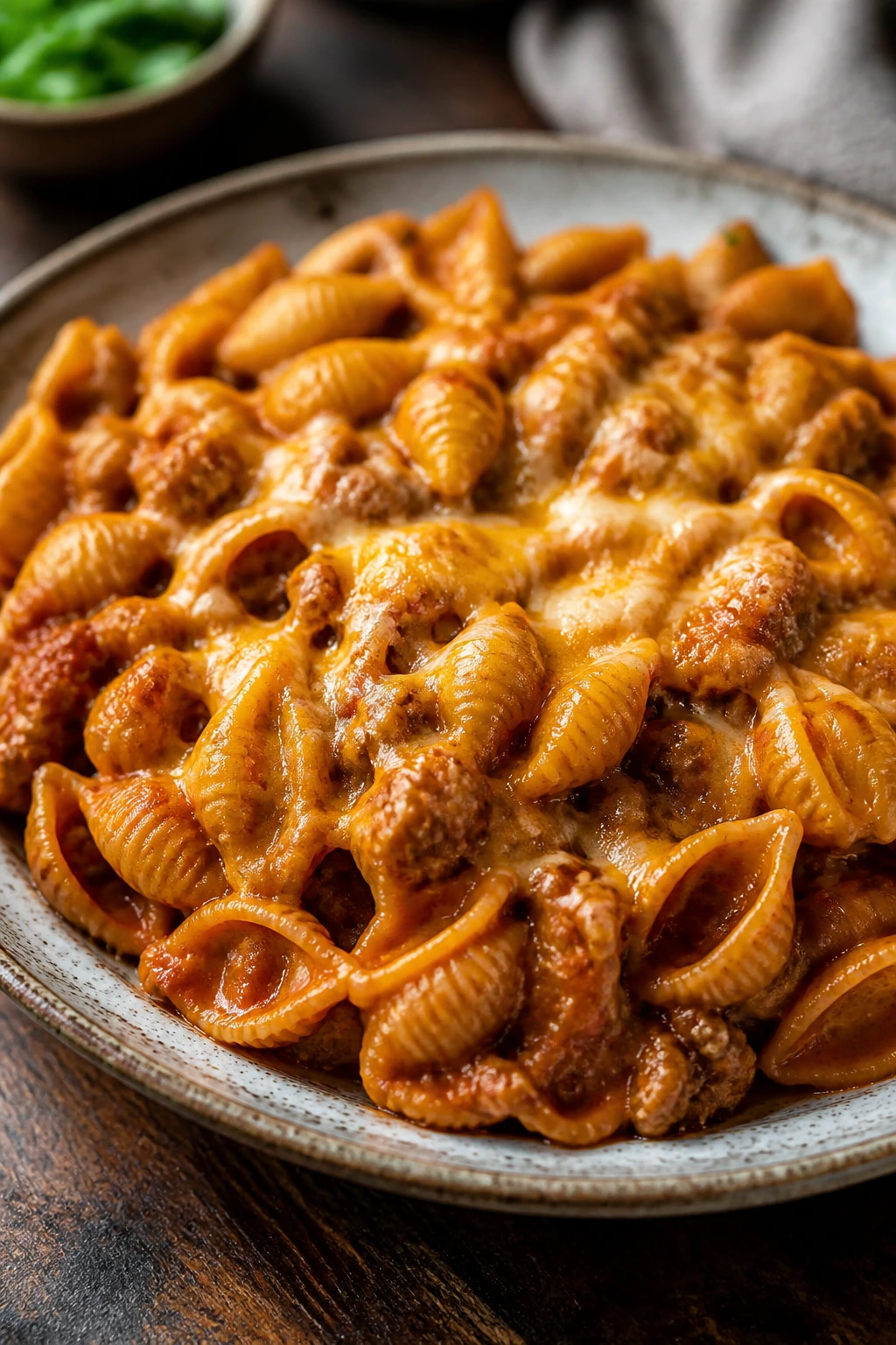 Plate of taco pasta with shells, meat, and cheese in a rustic setting