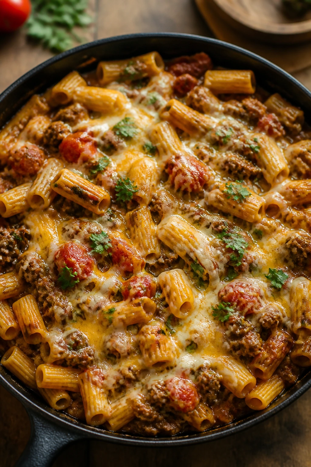 Skillet taco pasta with beef and pasta in a tomato sauce