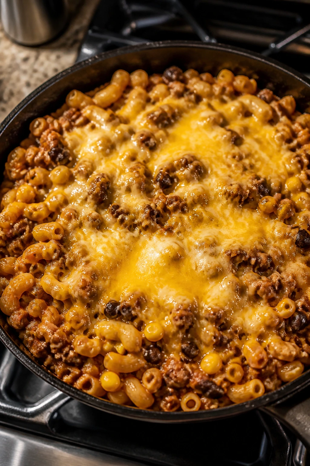 Skillet taco pasta with cheese melted on top