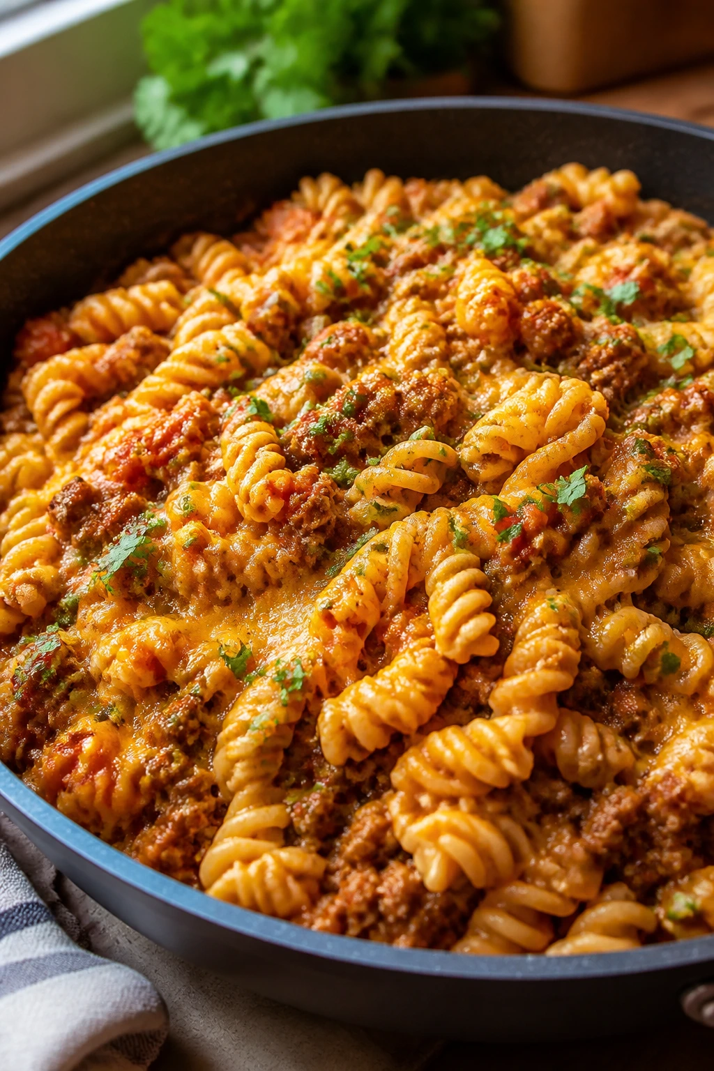 Close-up of taco pasta skillet with beefy taco-seasoned pasta.