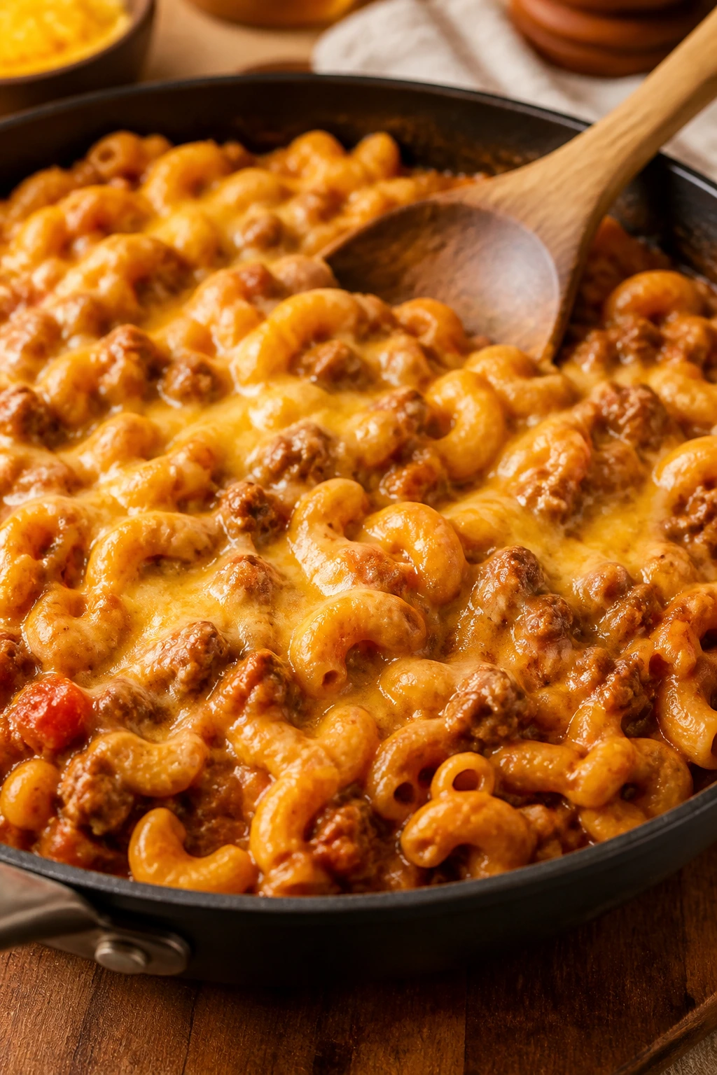 Creamy taco pasta in a skillet with cheddar topping