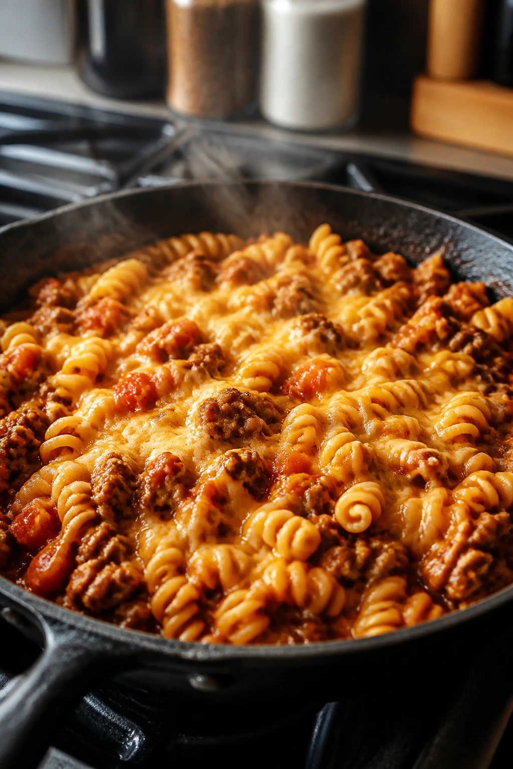 Skillet of taco pasta in one-pan meal
