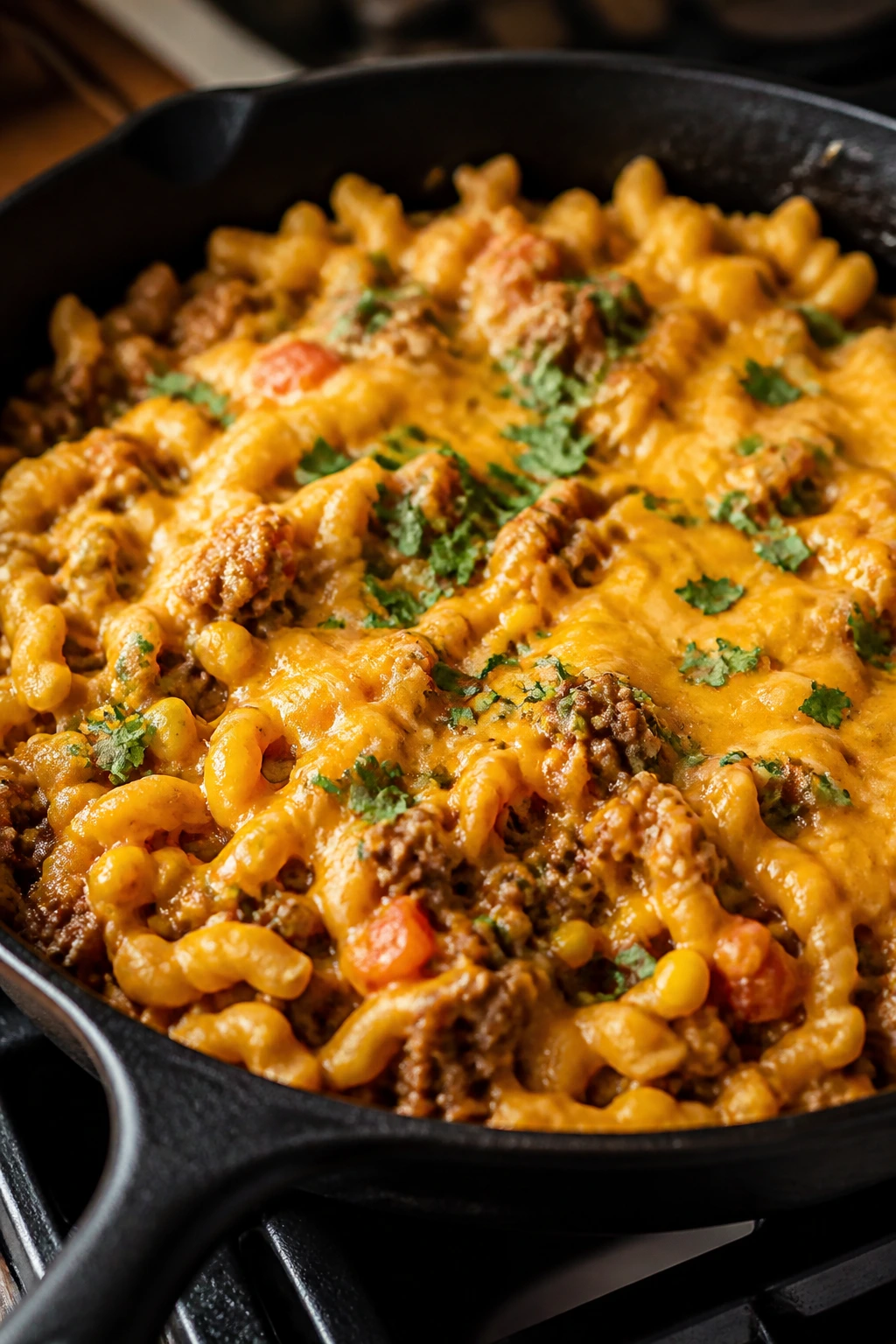 Close-up of taco pasta skillet with cheese