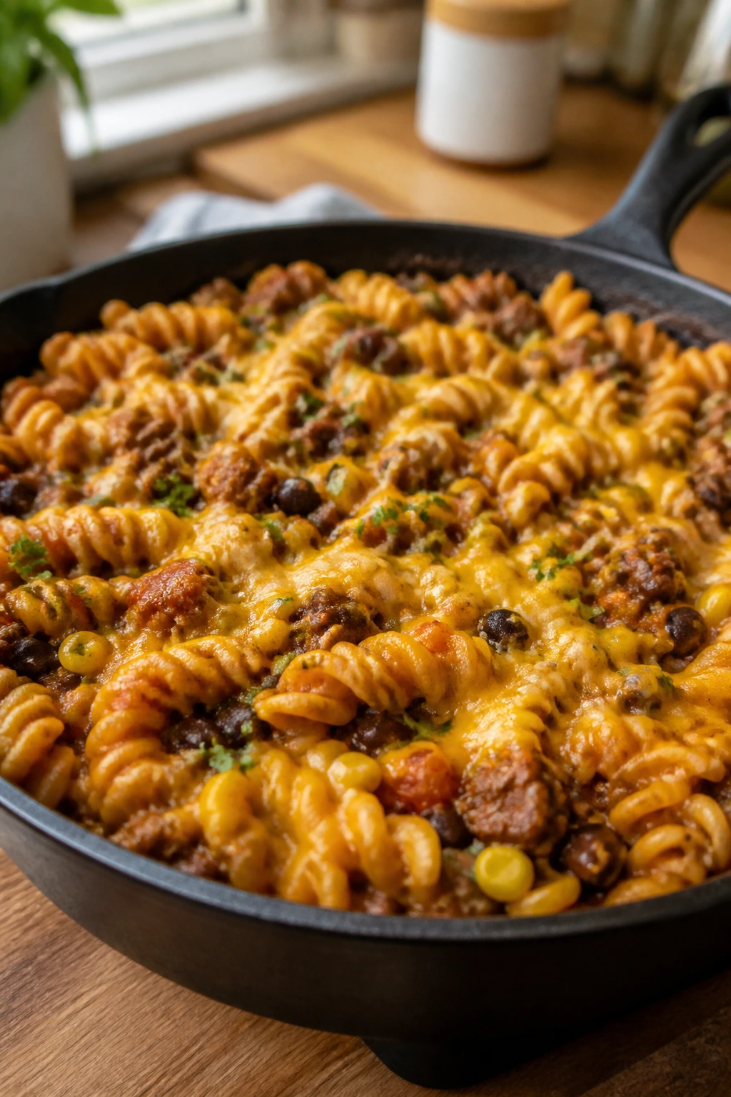 Close-up of taco pasta skillet with beef, beans, corn and melted cheddar in a warm kitchen