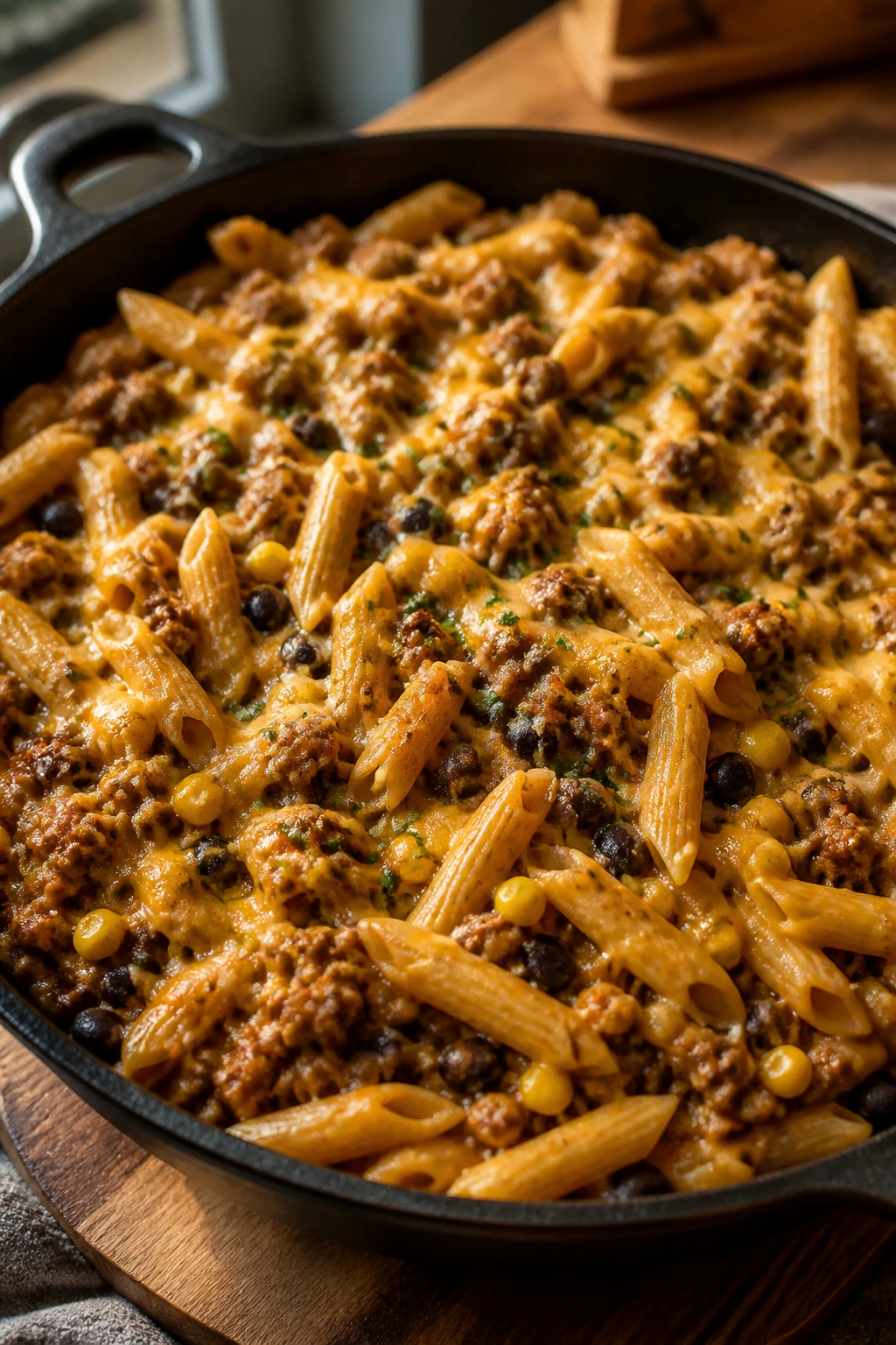 Close-up of a taco pasta skillet in a home kitchen