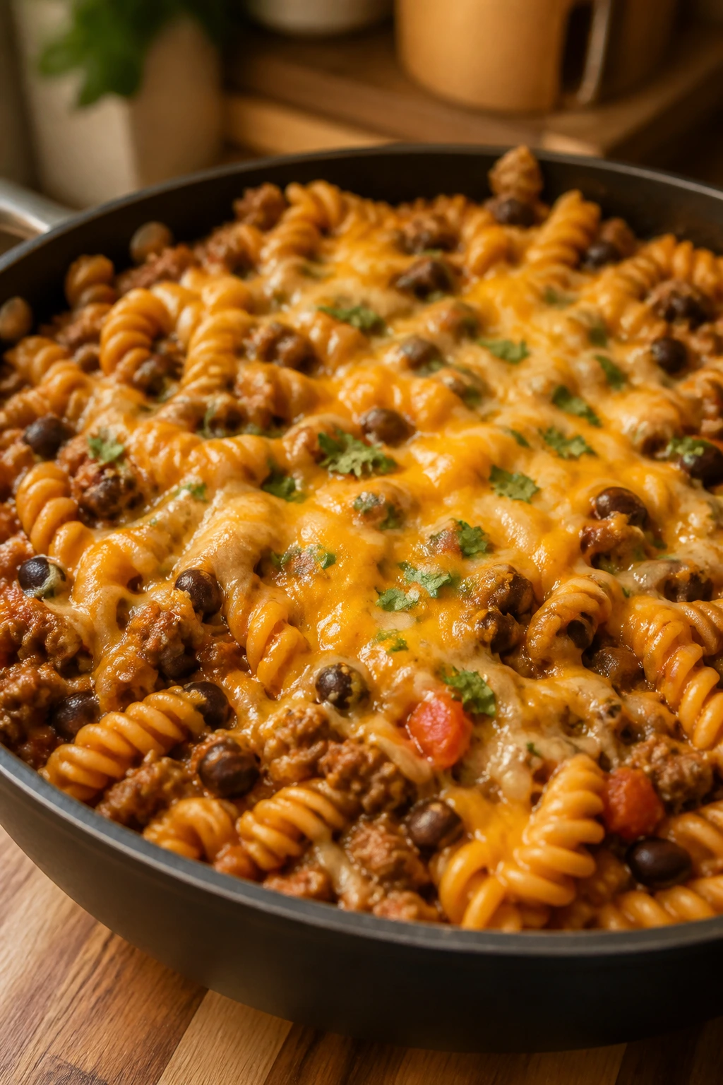 Skillet taco pasta with beef, beans, and melted cheese in a rustic kitchen.