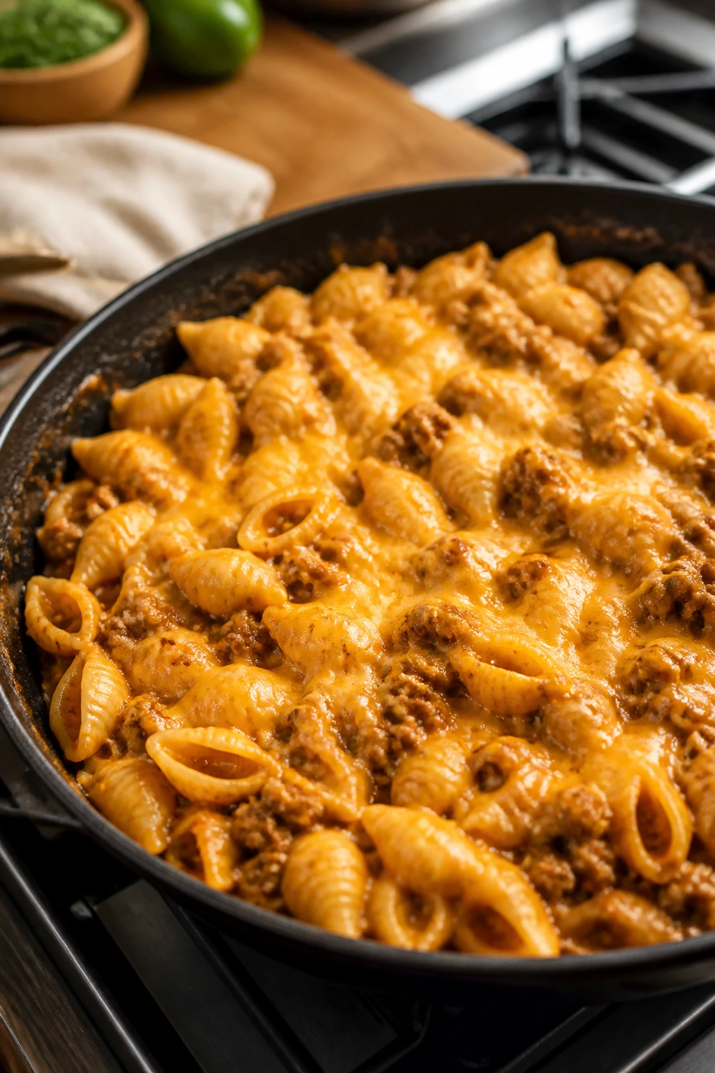Skillet of taco pasta with beef and cheese in a cozy kitchen