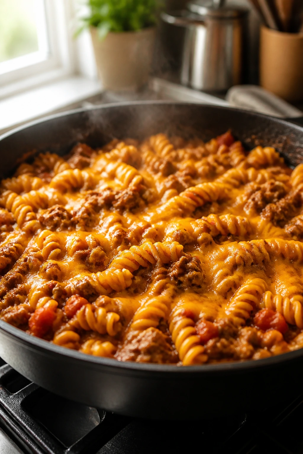 Close-up of taco pasta skillet with beef and cheese on stove