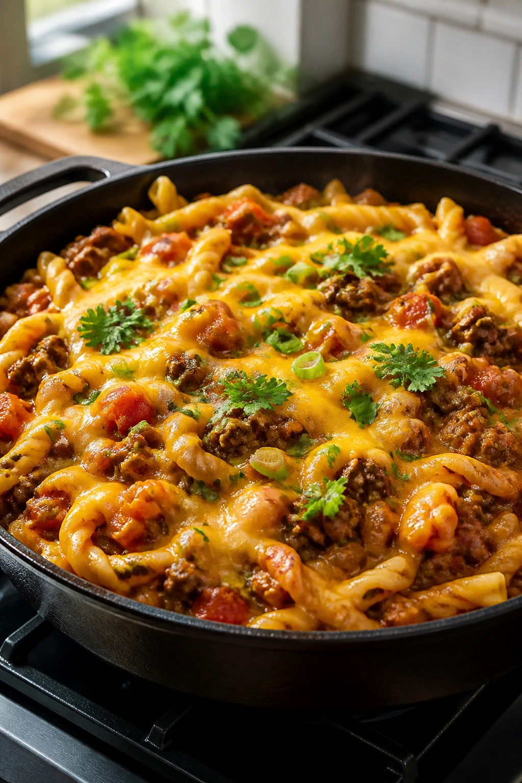 Skillet taco pasta with beef, pasta, and cheese on a stove