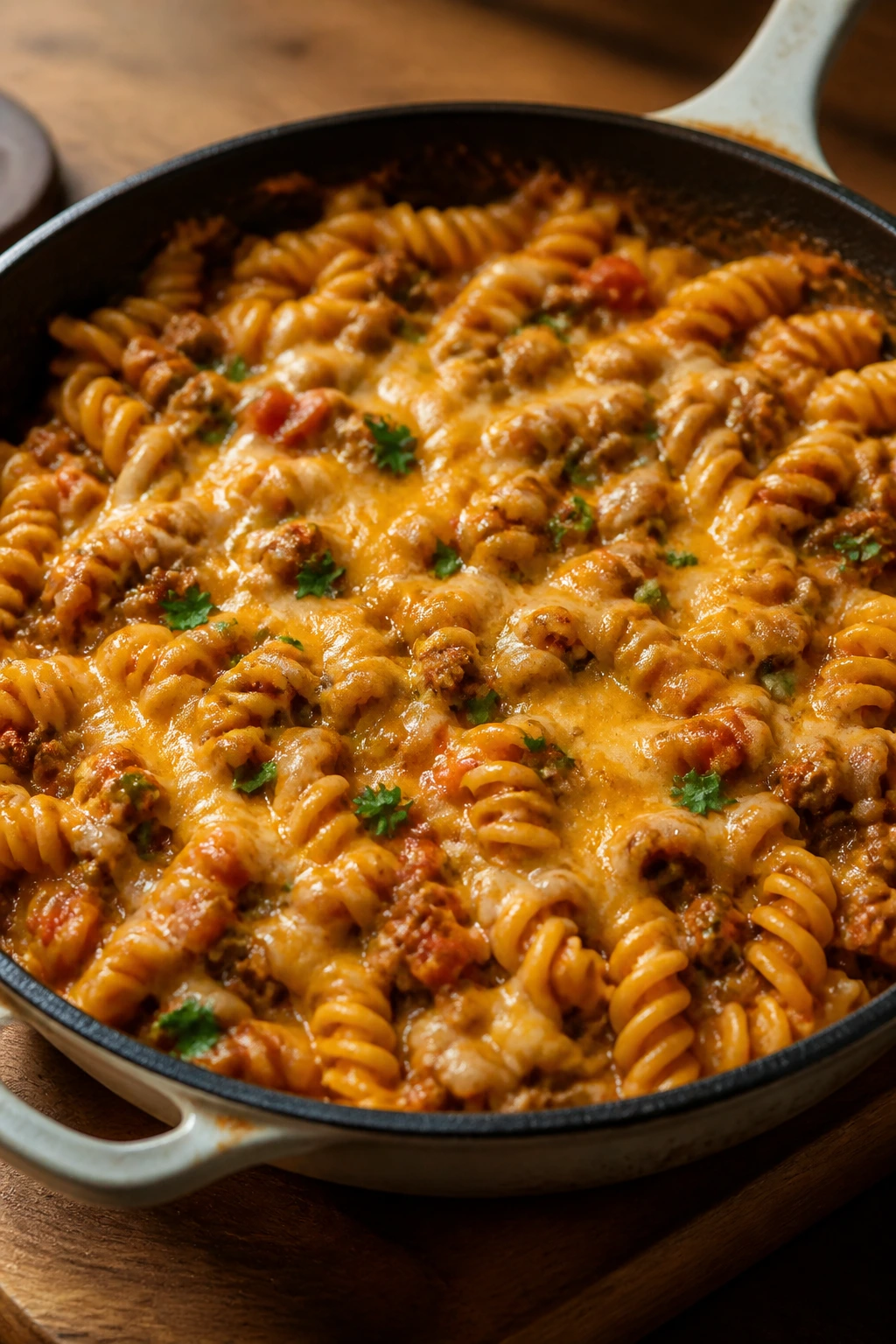 Skillet of cheesy taco pasta with melted cheese on top