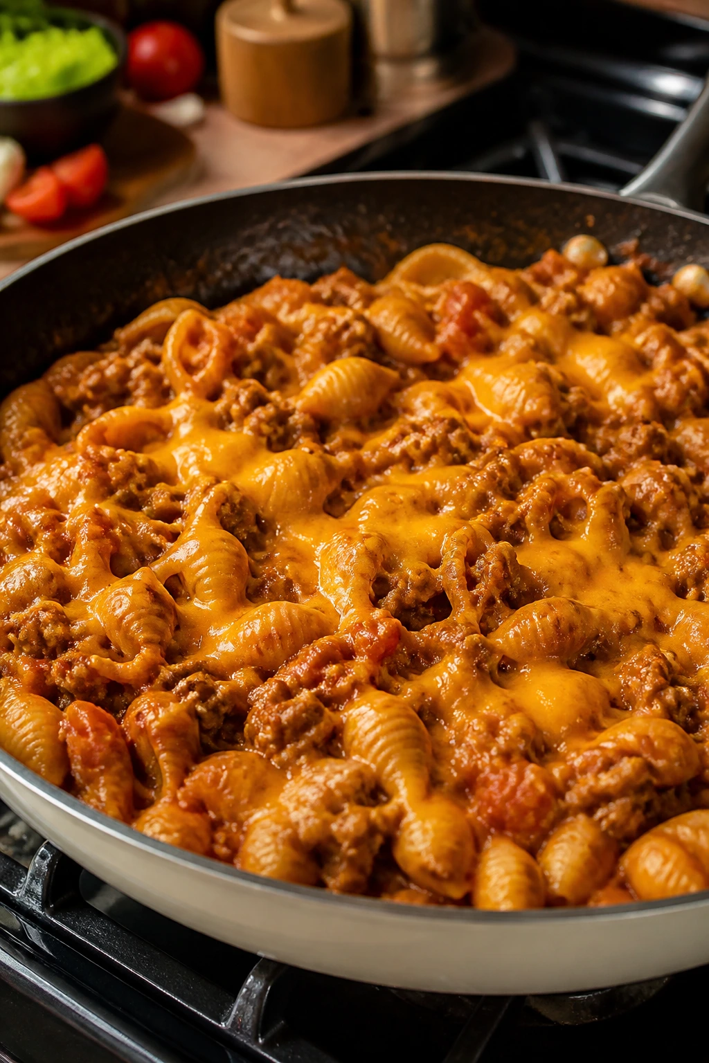 Skillet taco pasta with shells and cheese on a stove.