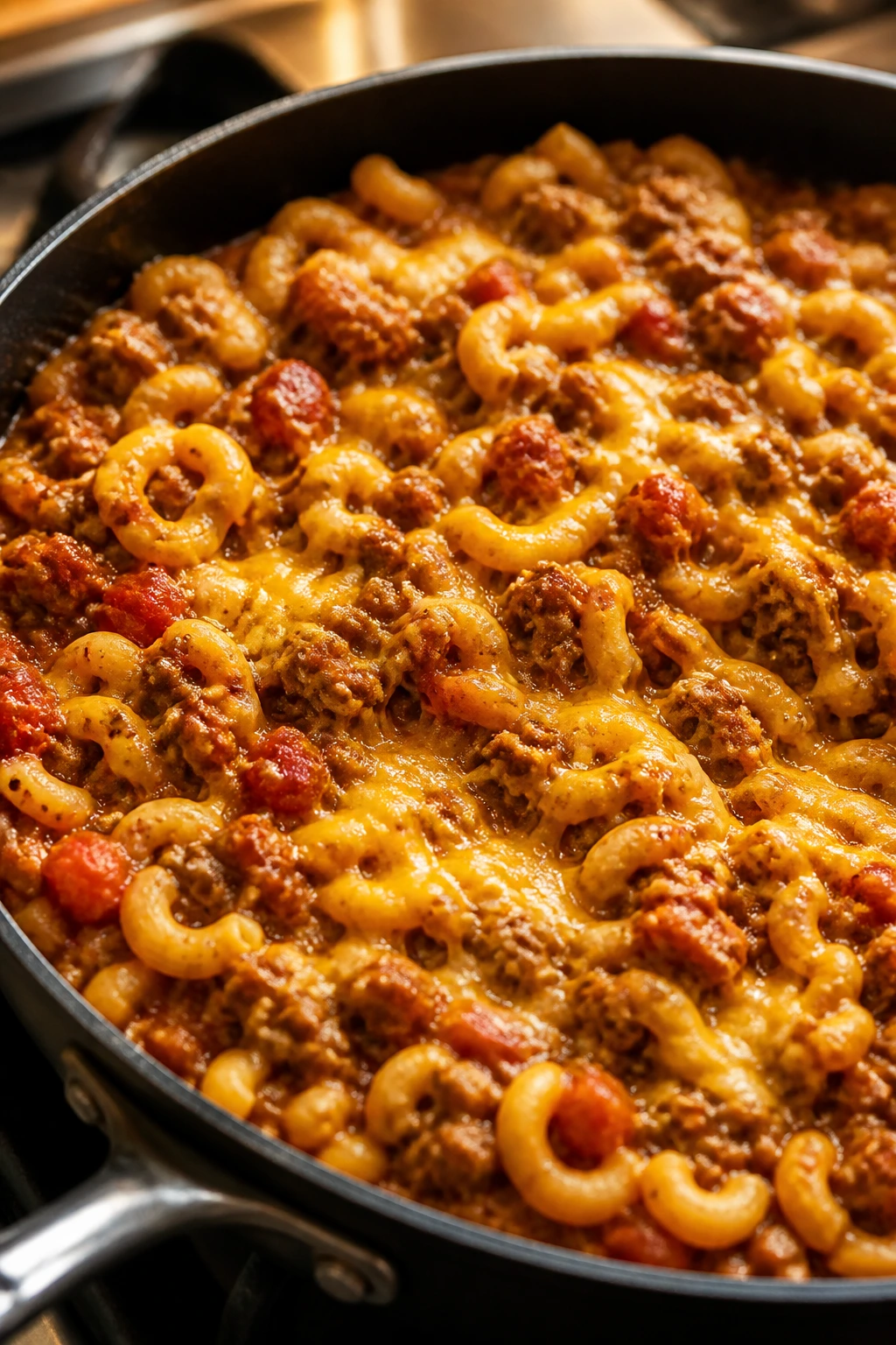 Skillet taco pasta with melted cheese ready for family dinner