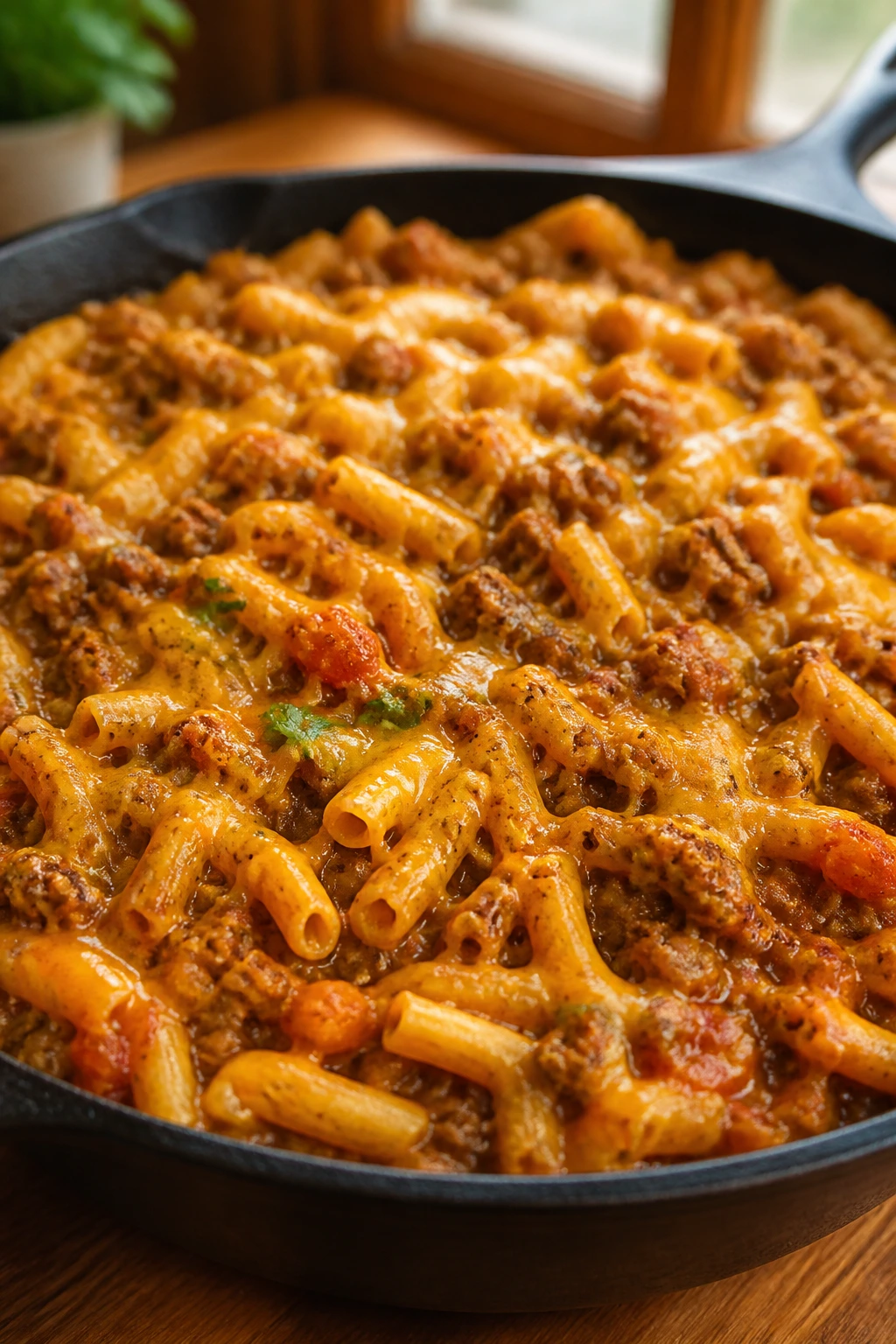 Close-up of taco pasta skillet with beef, pasta, and melted cheddar